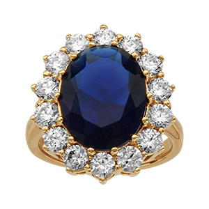 Bague en vermeil grosse pierre centrale bleu fonc� et contour de pierres blanches - 20mm x 17 mm
