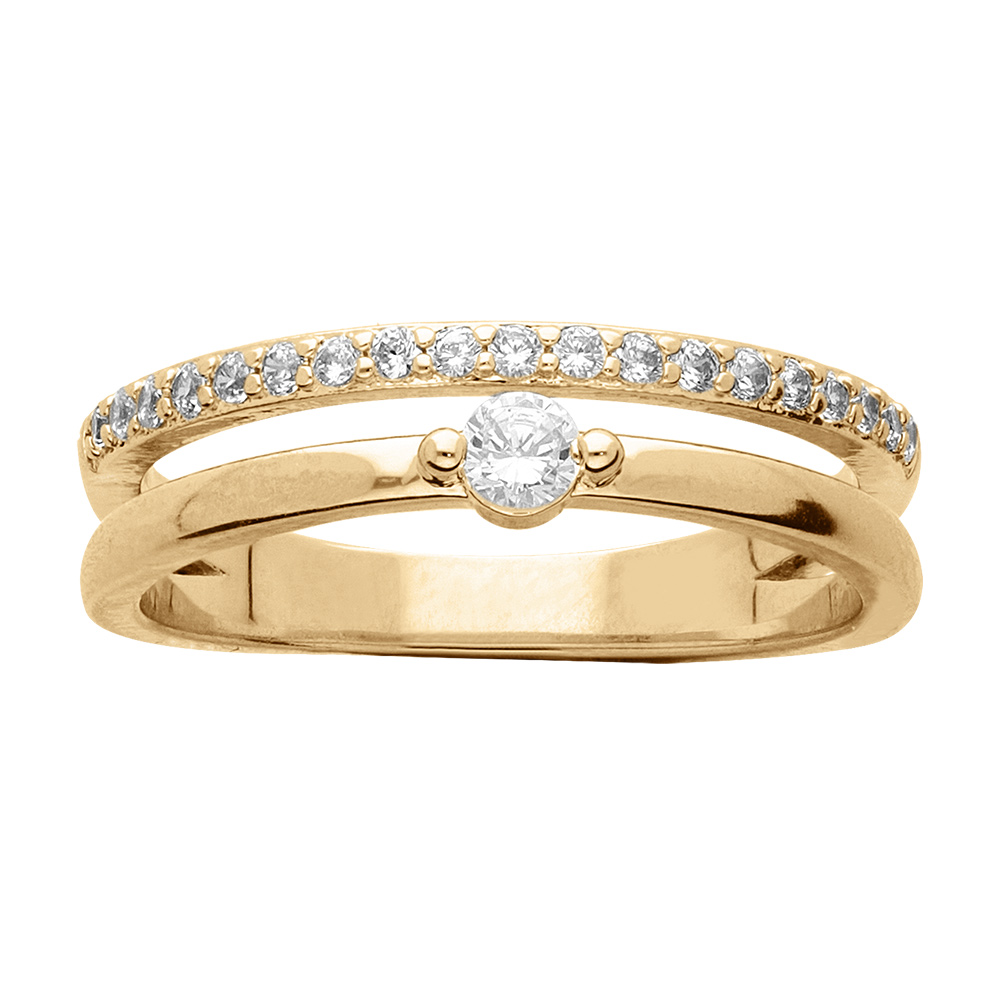 Bague en vermeil massif deux rangs: un avec oxyde central serti et un rail d\'oxydes blancs sertis - Vue 1