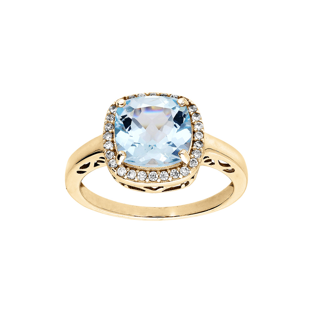 Bague en vermeil massif pierre carre topaze bleue vritable avec contour d\'oxydes blancs sertis - Vue 1