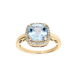 Bague en vermeil massif pierre carrée topaze bleue véritable avec contour d\'oxydes blancs sertis - Vue 1