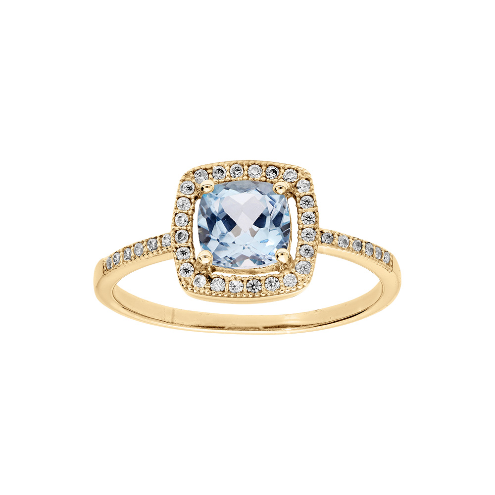 Bague en vermeil massif topaze vritable carre bleue avec contour d\'oxydes blancs sertis et sur 1/2 anneau - Vue 1