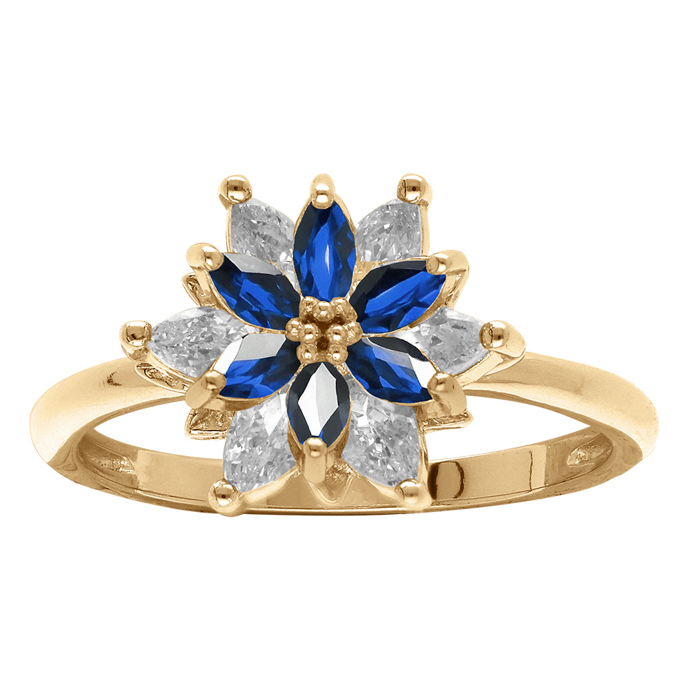 Bague en vermeil motif fleur 10mm avec oxydes blancs et bleux sertis - Vue 1