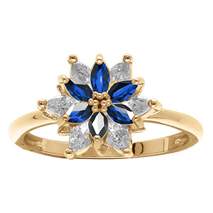 Bague en vermeil motif fleur 10mm avec oxydes blancs et bleux sertis