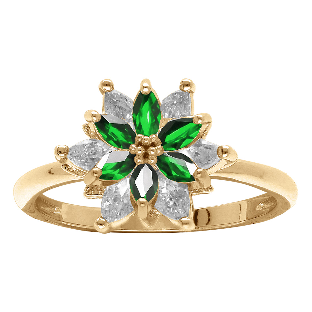 Bague en vermeil motif fleur 10mm avec oxydes blancs et verts sertis - Vue 1