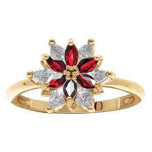 Bague en vermeil motif fleur 10mm avec oxydes blancs  rouges sertis