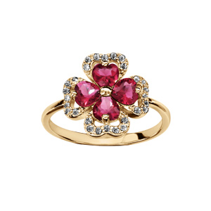 Bague en vermeil motif trèfle et pierres rouges entourage oxydes blancs sertis - Vue 1