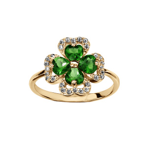 Bague en vermeil motif trèfle et pierres vertes entourage oxydes blancs sertis - Vue 1