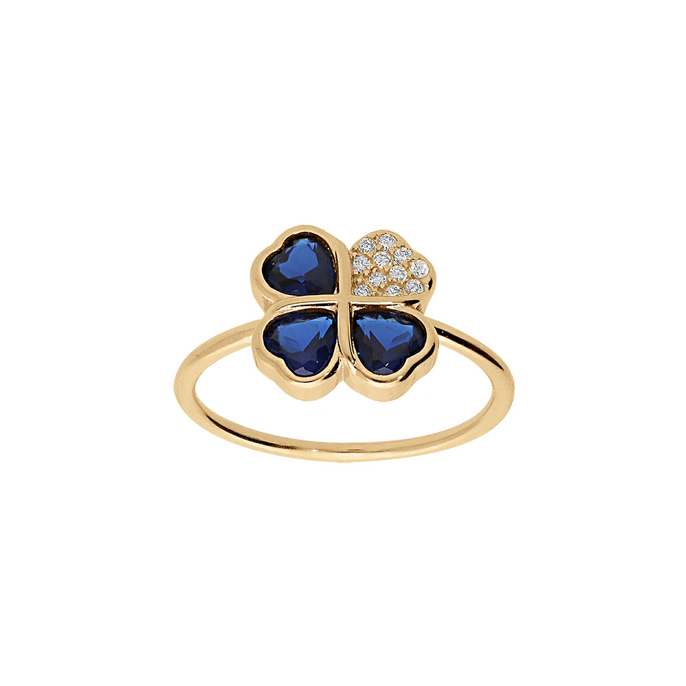 Bague en vermeil motif trfle  quatre feuilles forme coeur 10mm dont trois sertis d\'oxydes bleus et un d\'oxydes blancs - Vue 1