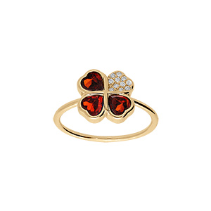 Bague en vermeil motif trfle  quatre feuilles forme coeur 10mm dont trois sertis d'oxydes rouges et un d'oxydes blancs