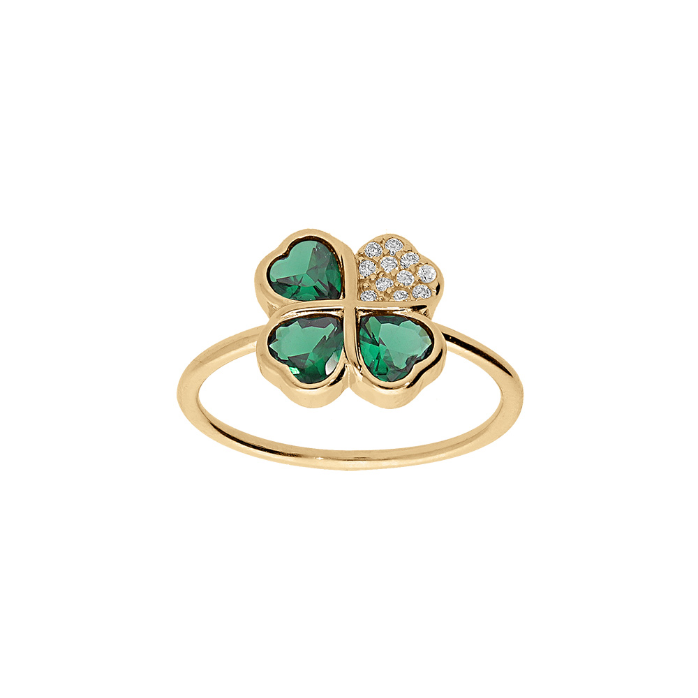 Bague en vermeil motif tr�fle � quatre feuilles forme coeur 10mm dont trois sertis d\'oxydes verts et un d\'oxydes blancs - Vue 1
