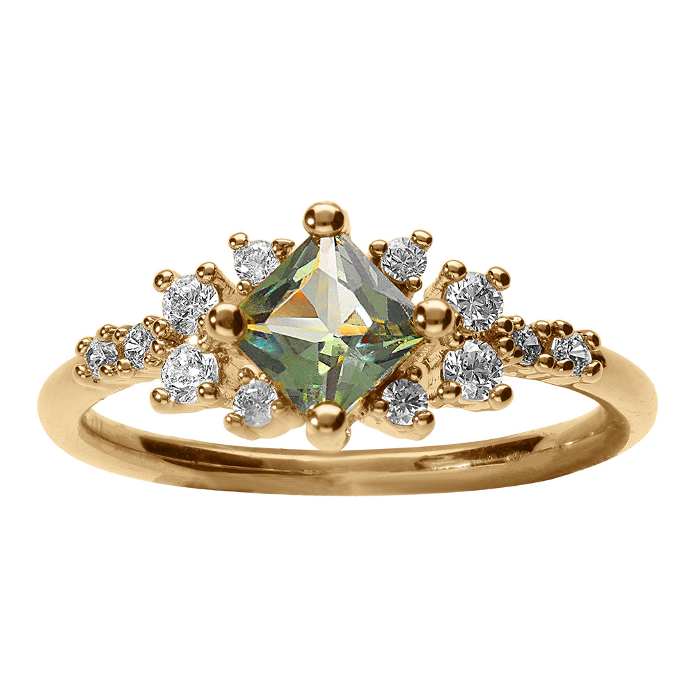Bague en vermeil oxyde central carr� vert iris� et oxydes blancs - Vue 1