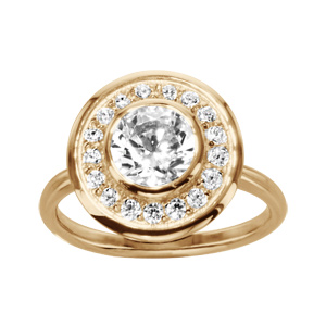Bague en vermeil plateau rond orné d\'oxydes blancs sertis et 1 plus gros au centre - Vue 1