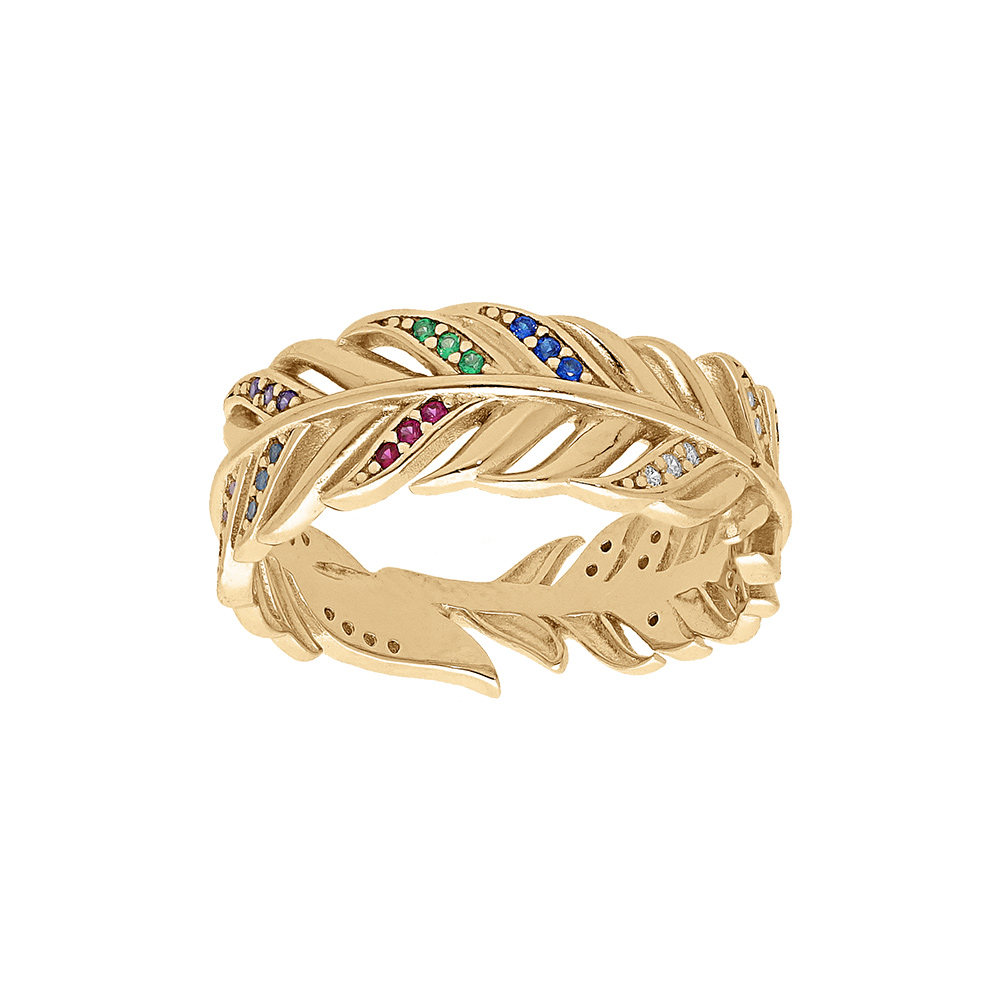 Bague en vermeil plume 7mm et oxydes multi couleurs - Vue 1