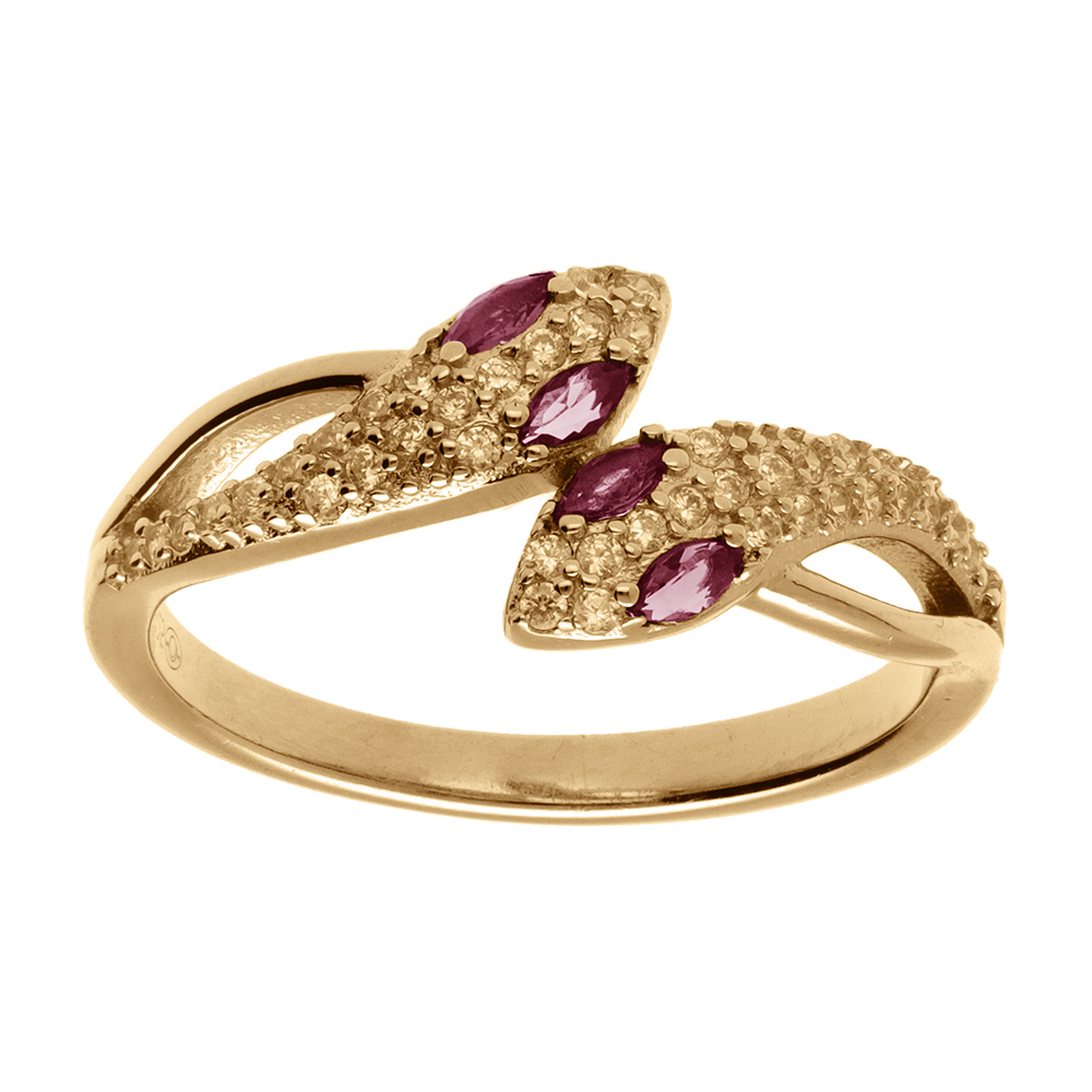 Bague en vermeil serpent double avec oxydes blancs et yeux fuschia - Vue 1