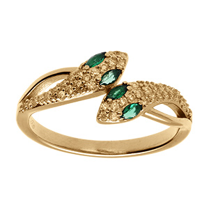 Bague en vermeil serpent double avec oxydes blancs et yeux  verts