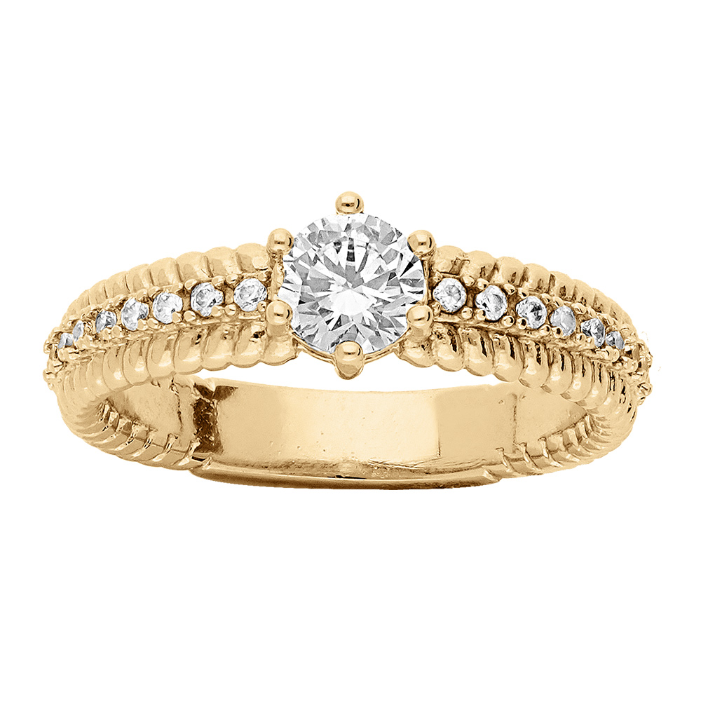 Bague en vermeil solitaire et anneau textur� pav� d\'oxydes blancs sertis - Vue 1