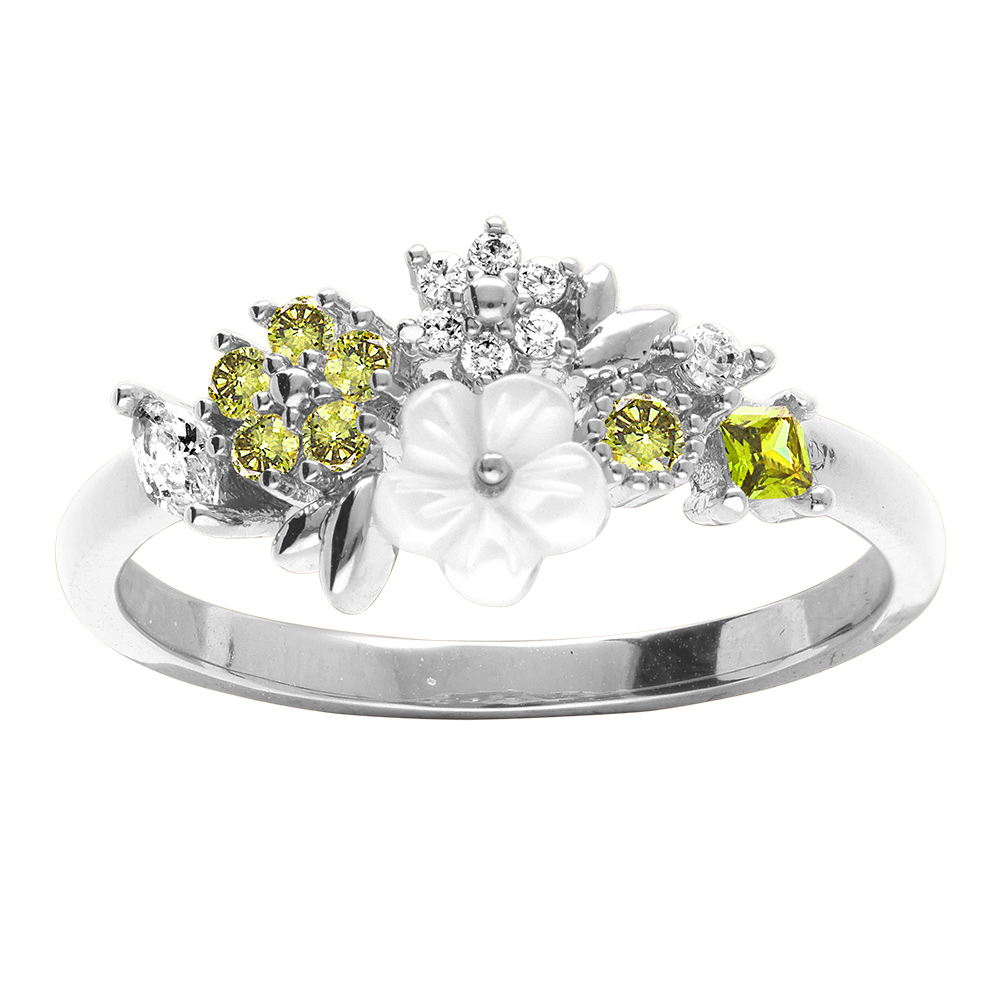Bague florale argent rhodi� avec oxydes vert anis et sa fleur de nacre - Vue 1
