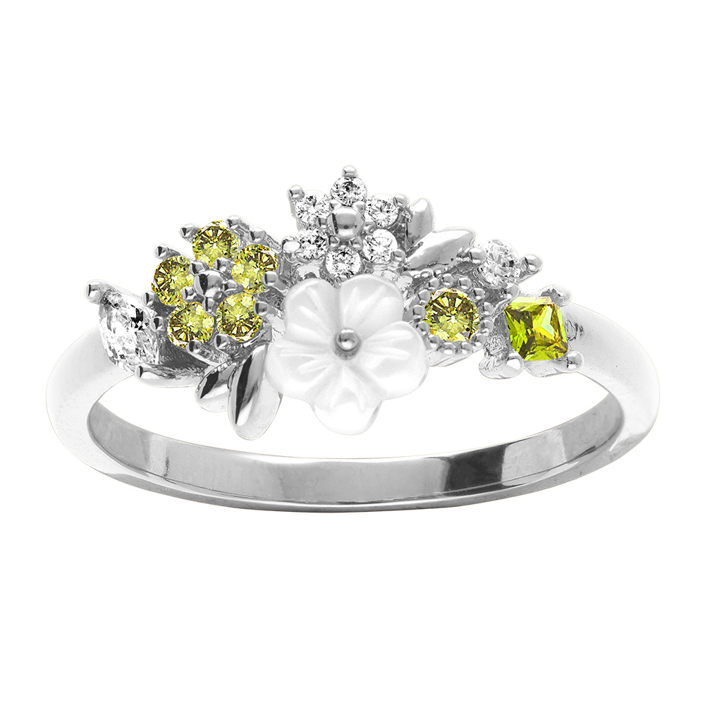 Bague florale argent rhodi� jardin fleuri avec oxydes vert anis et sa fleur de nacre - Vue 1