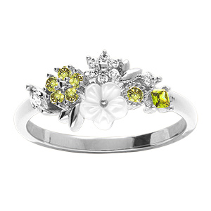 Bague florale argent rhodi� jardin fleuri avec oxydes vert anis et sa fleur de nacre