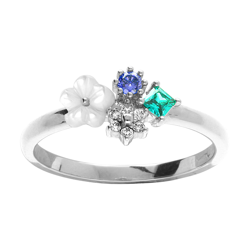 Bague florale en argent rhodi� avec oxydes bleu et turquoise et sa fleur de nacre - Vue 1