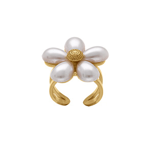 Bague ouverte en acier dor  motif fleur ptable blanc - Vue 1