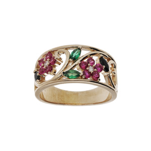 Bague plaqu or avec fleurs oxydes rose verts blancs et noirs - Vue 1