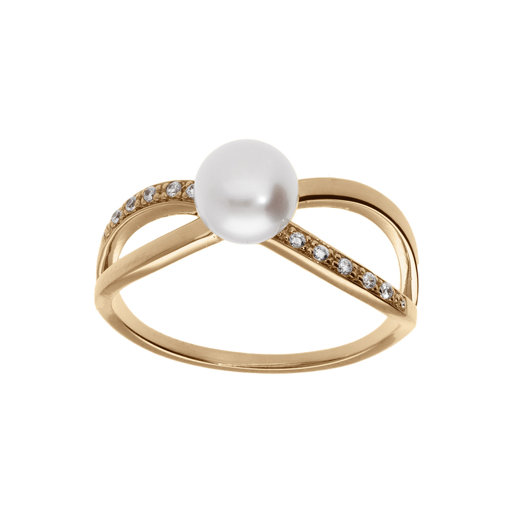 Bague plaqu� or crois� avec perle de culture d\'eau douce et serti d\'oxydes blancs - Vue 1