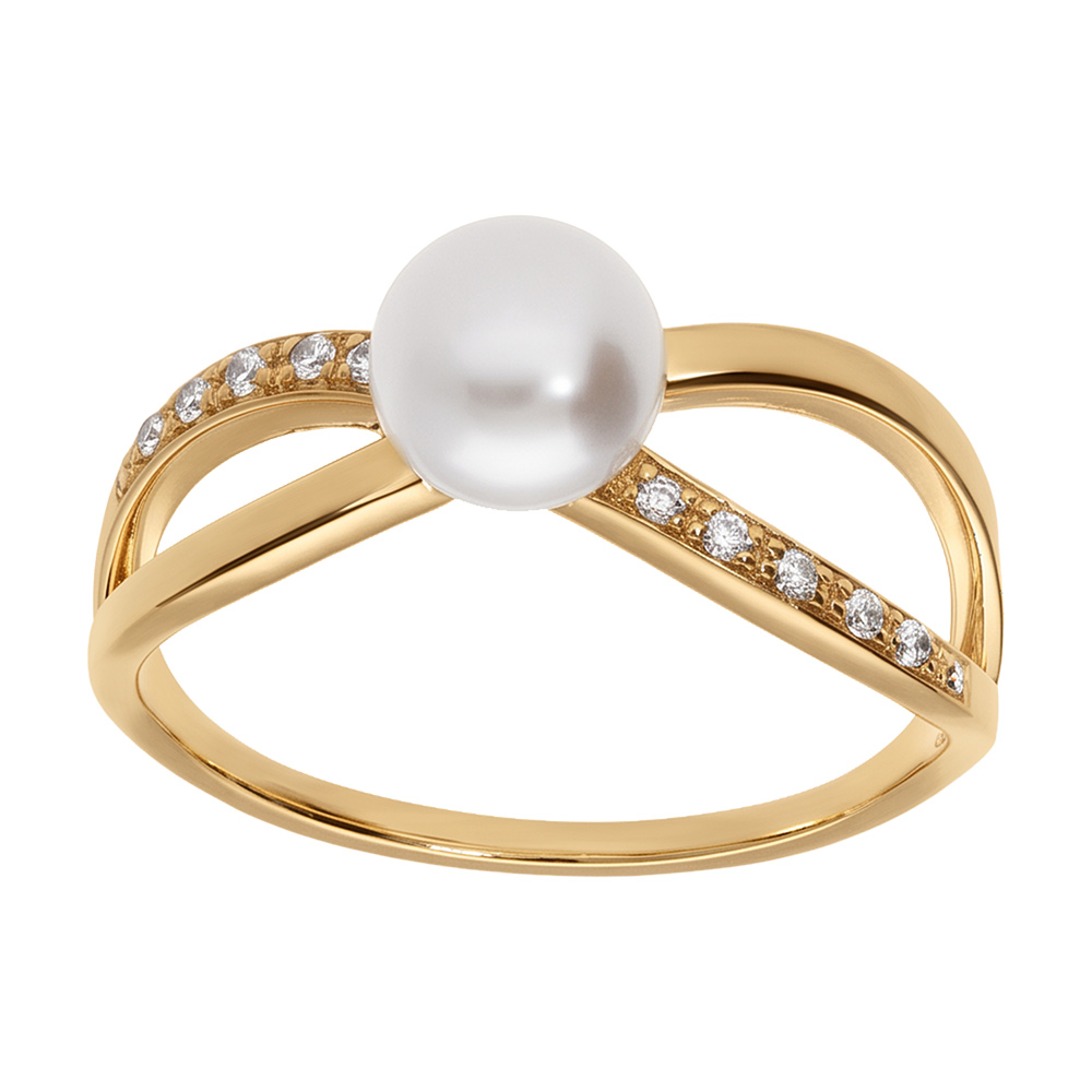 Bague plaqué or croisé avec perle de culture d'eau douce et serti d ...