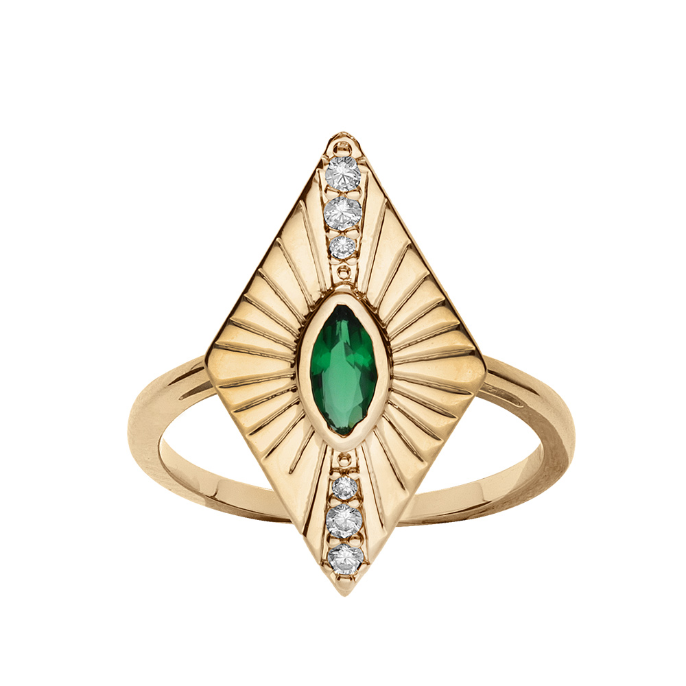 Bague plaqu or de forme losange avec oxyde vert serti clos - Vue 1