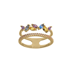 Bague plaqu or double rang avec oxydes violet bleu et jaune - Vue 1