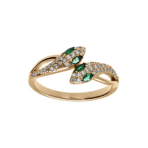 Bague plaqu or serpent double tte orne d\'oxydes blancs et yeux oxydes verts - Vue 1