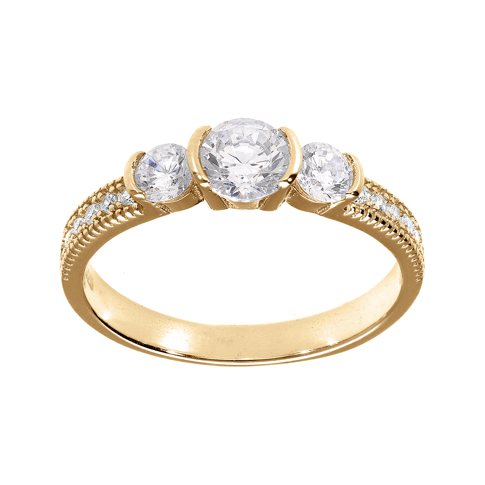 Bague plaqu or trilogie avec oxydes blancs - Vue 1