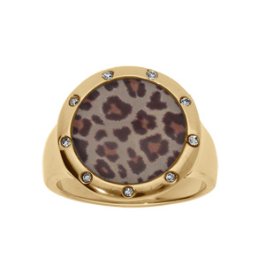 Bague ronde en acier et PVD jaune avec rsine motif lopard - Vue 1