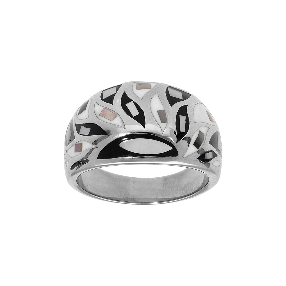 Bague Stella Mia en acier bomb�e motifs en nacre blanche et noire - Vue 1