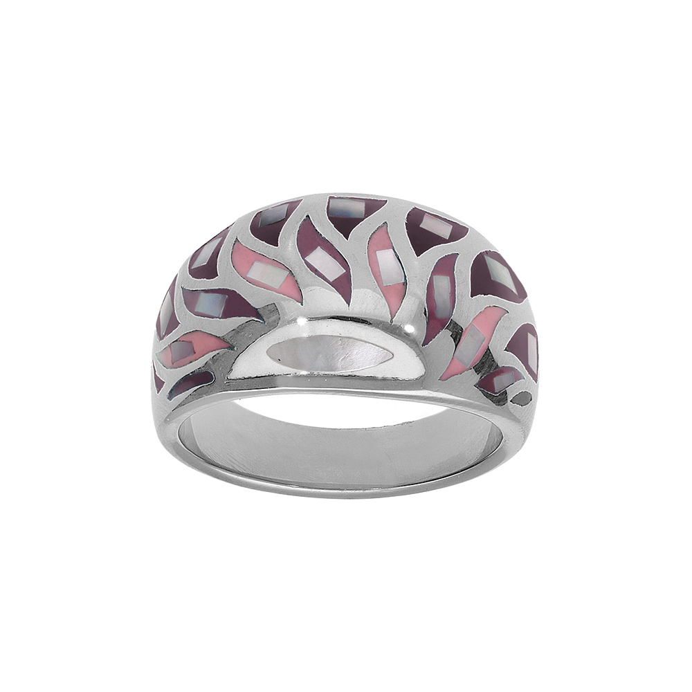 Bague Stella Mia en acier bomb�e motifs tons rose et nacre blanche - Vue 1