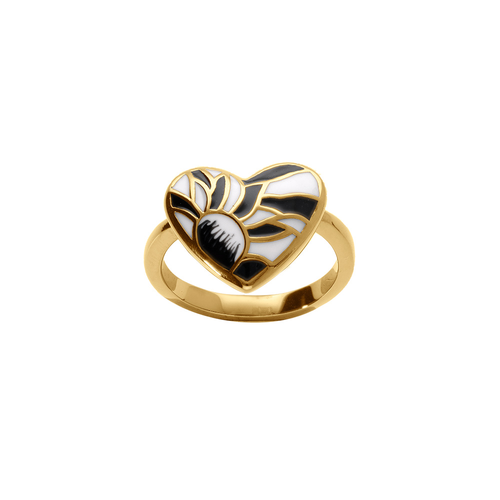 Bague Stella Mia en acier dor�  forme coeur motif r�sine blanc et noir - Vue 1
