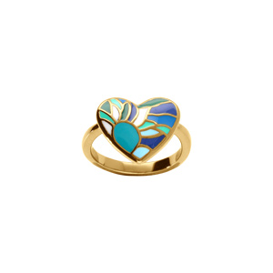 Bague Stella Mia en acier doré forme coeur motif résine bleu vert - Vue 1