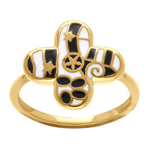 Bague Stella Mia en acier dor� forme fleur 16mm r�sine blanche et noire