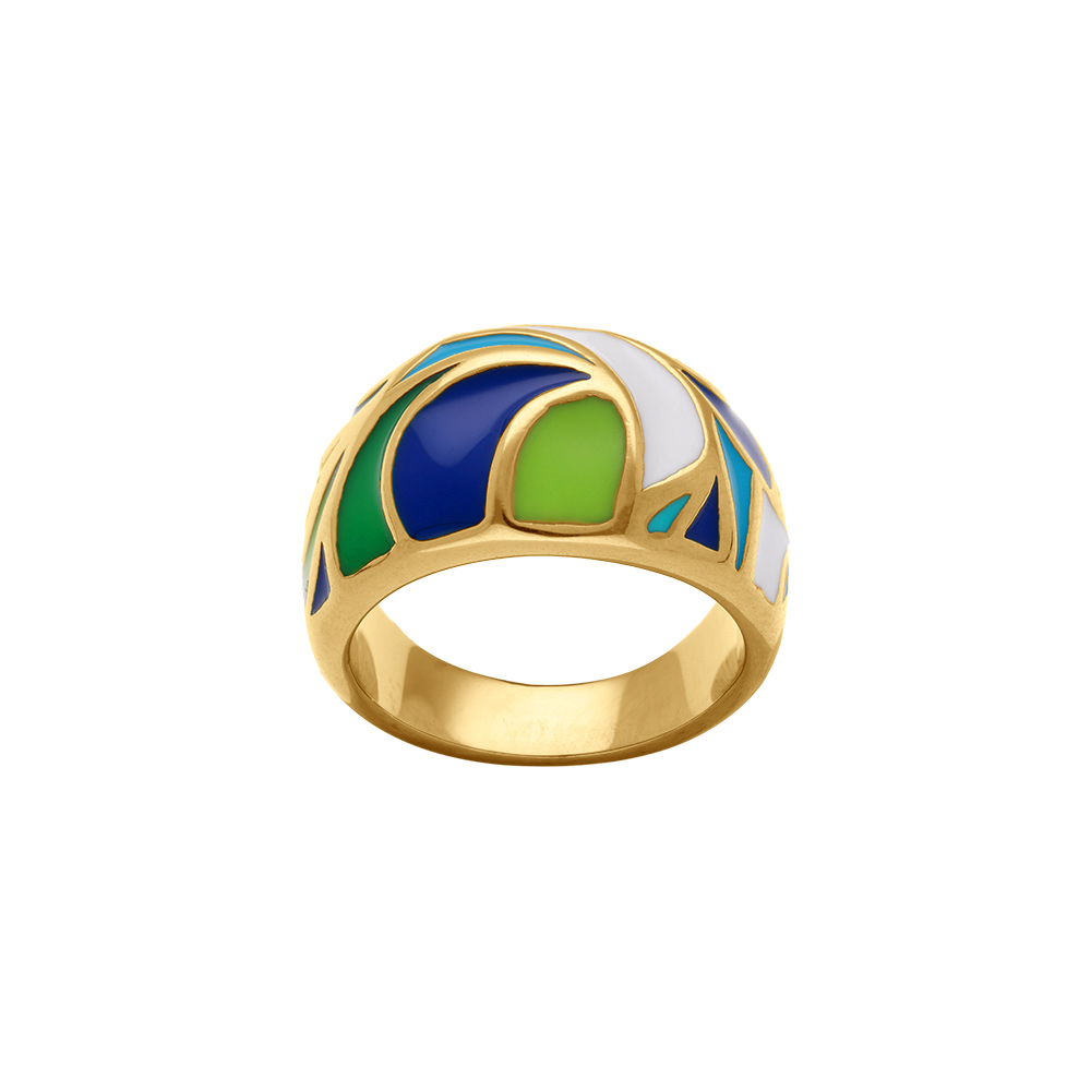 Bague Stella Mia en acier dor� jaune motif  r�sine verte et bleu - Vue 1