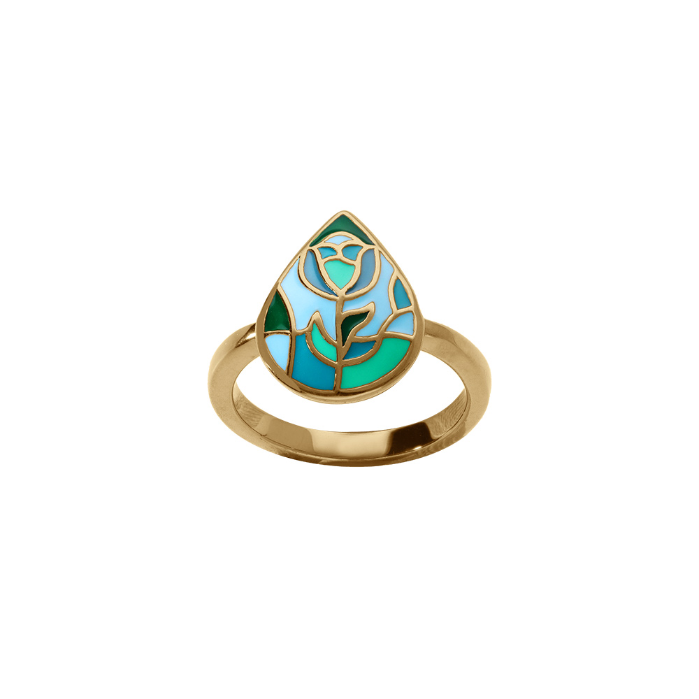 Bague Stella Mia en acier dor motif  rsine bleu vert - Vue 1