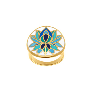 Bague Stella Mia en acier doré motif résine fond blanc fleur de lotus bleu - Vue 1