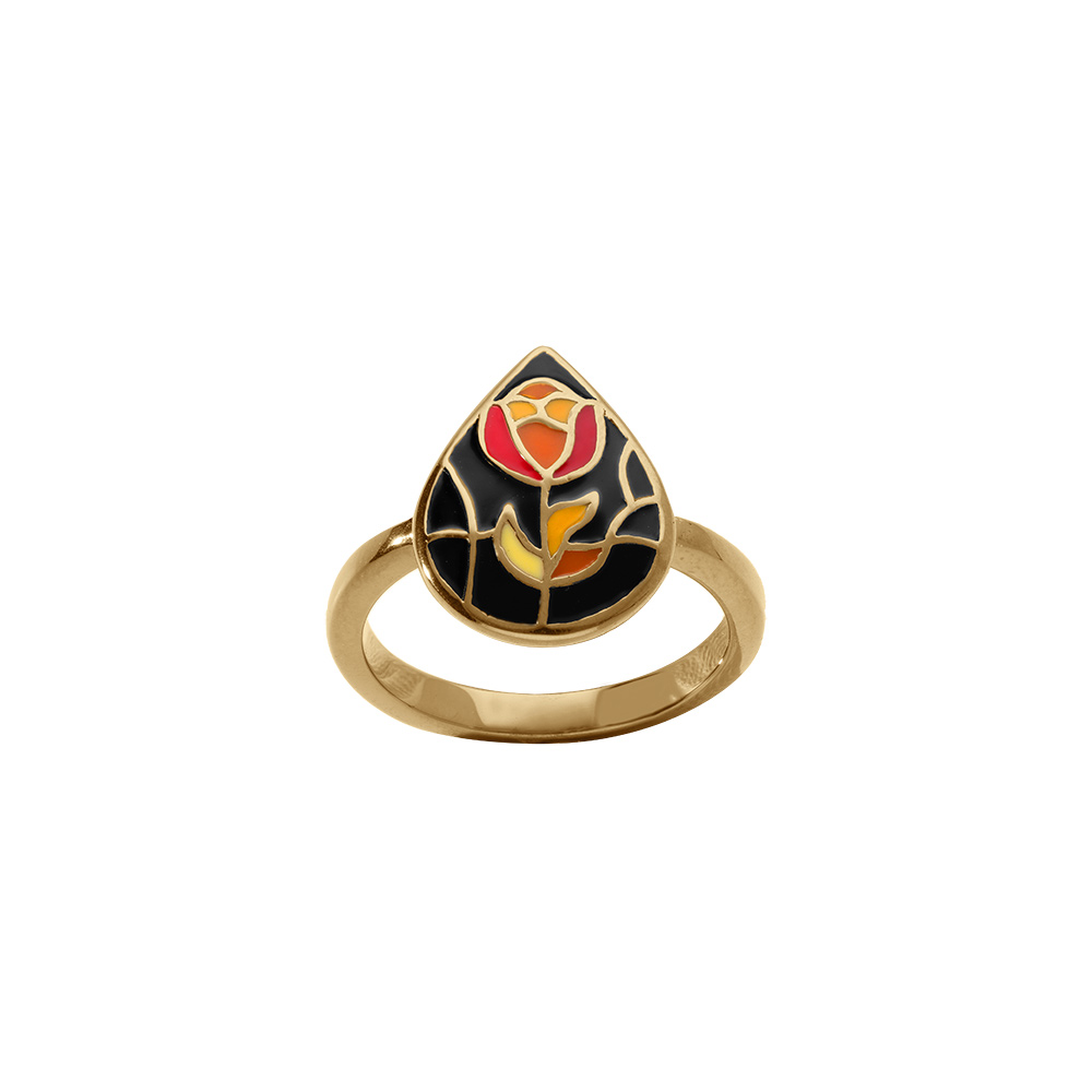 Bague Stella Mia en acier dor� motif r�sine fond noir et fleur rouge, orang�e - Vue 1