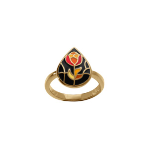 Bague Stella Mia en acier doré motif résine fond noir et fleur rouge, orangée - Vue 1