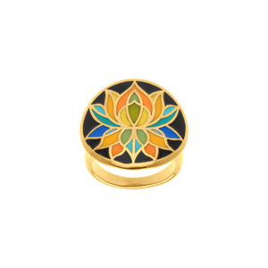 Bague Stella Mia en acier doré motif résine fond noir fleur de lotus - Vue 1