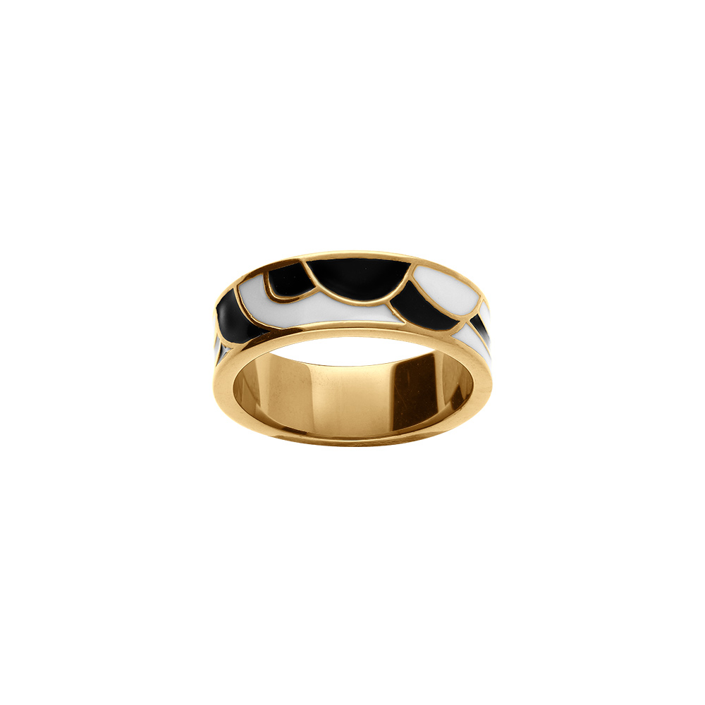 Bague Stella Mia en acier dor� motif  r�sine noire et blanche - Vue 1