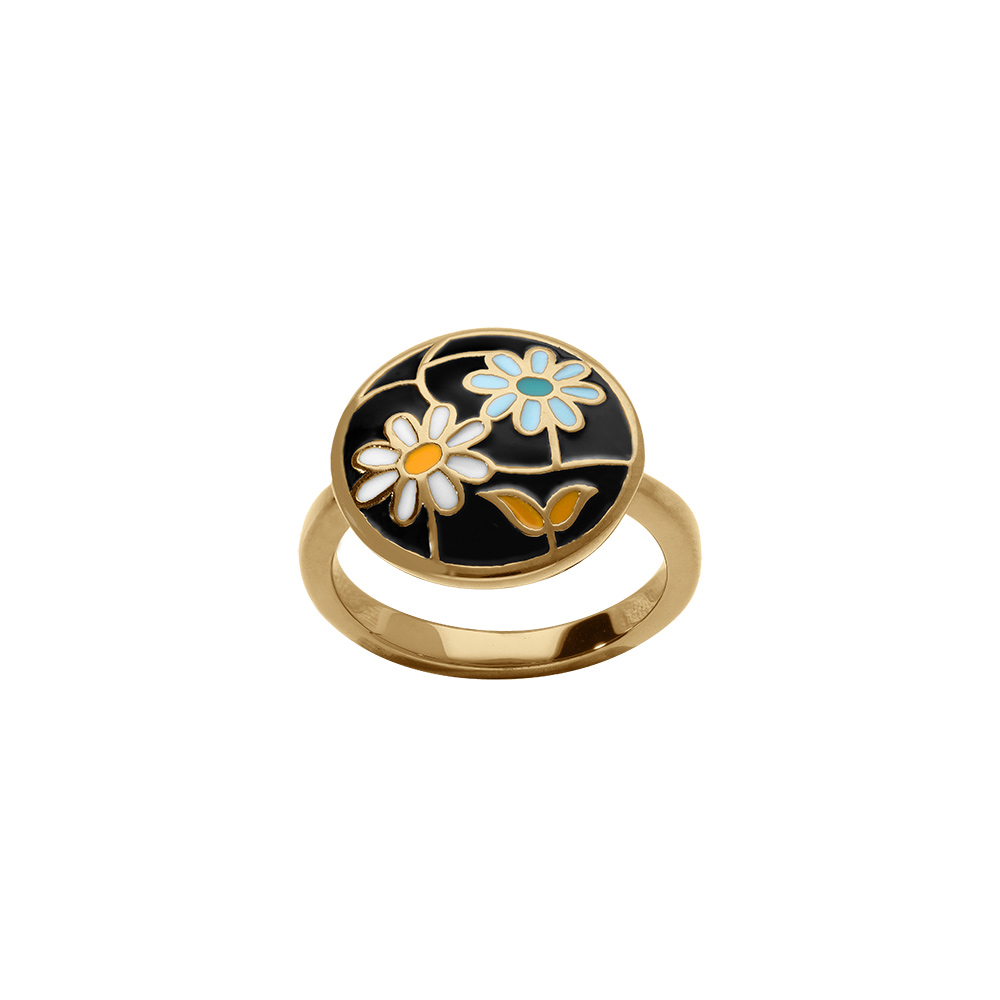 Bague Stella Mia en acier dor� stella mia ronde motif r�sine fond noire fleur - Vue 1