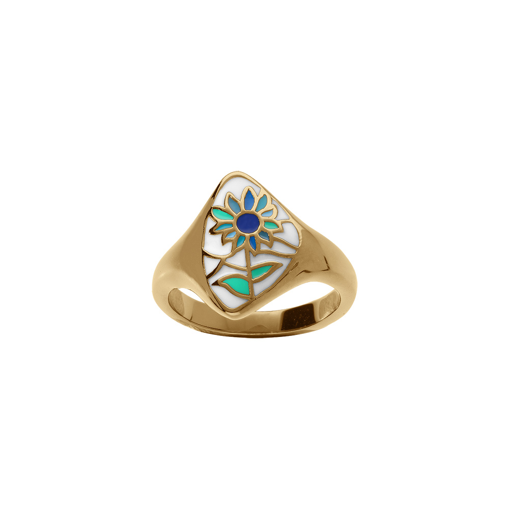 Bague Stella Mia en acier dor� stella motif r�sine blanche et fleur bleue - Vue 1