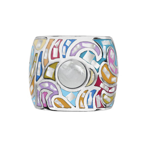 Bague Stella Mia en acier et nacre blanche véritable motifs vagues et couleurs pastel - Vue 1