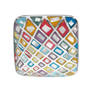 Bague Stella Mia en acier et nacre blanche véritable plateau carré motifs géométriques et couleurs pastel - Vue 1