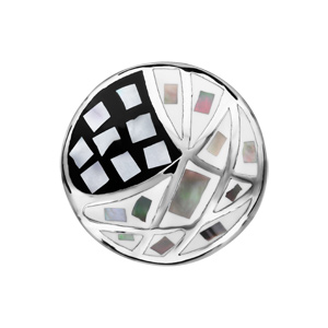 Bague Stella Mia en acier et nacre blanche véritable plateau rond avec motifs géométriques et noir et blanc - Vue 1